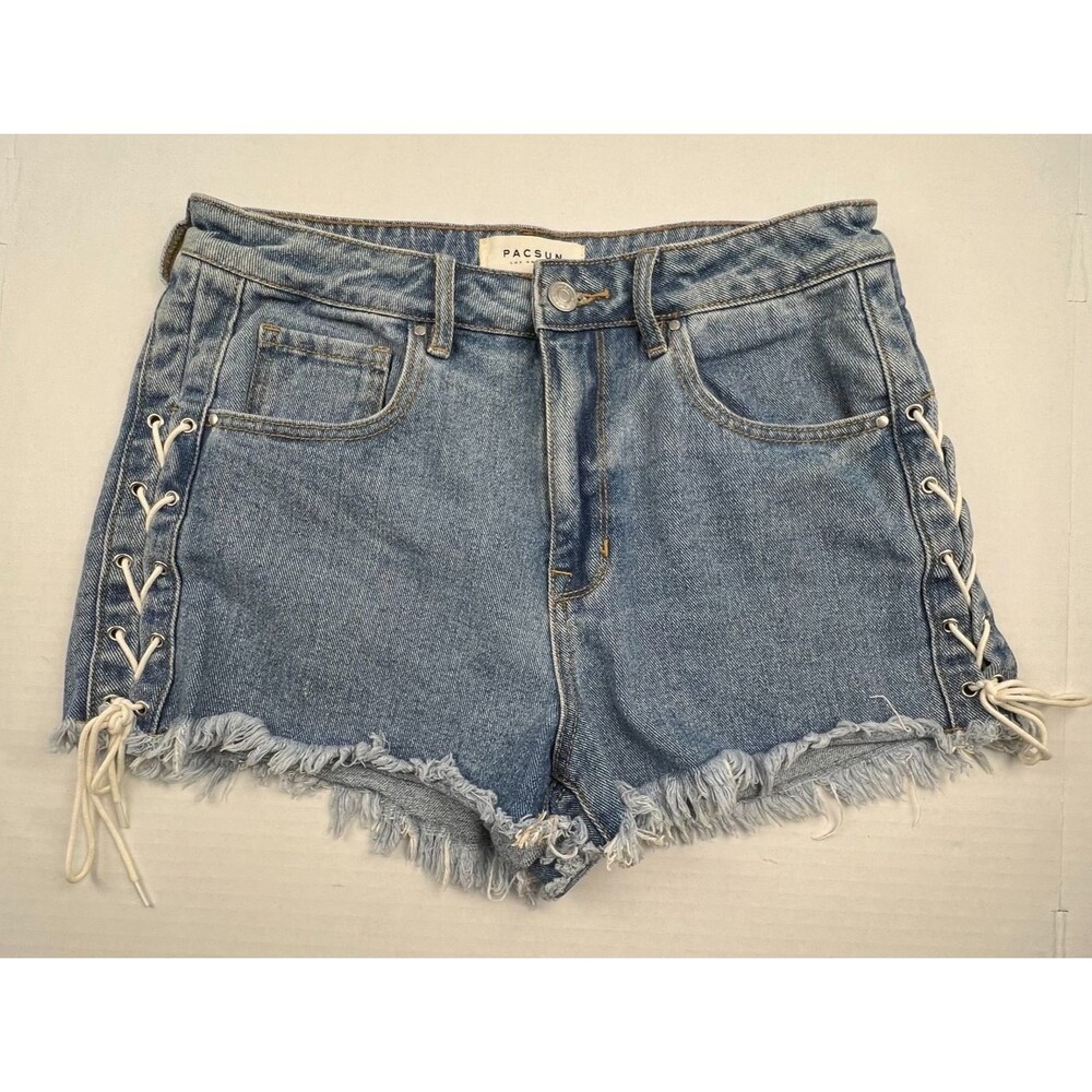 PacSun Lace Up Denim Shorts Womens 29 Blue Distressed Raw Hem Y2K Festival